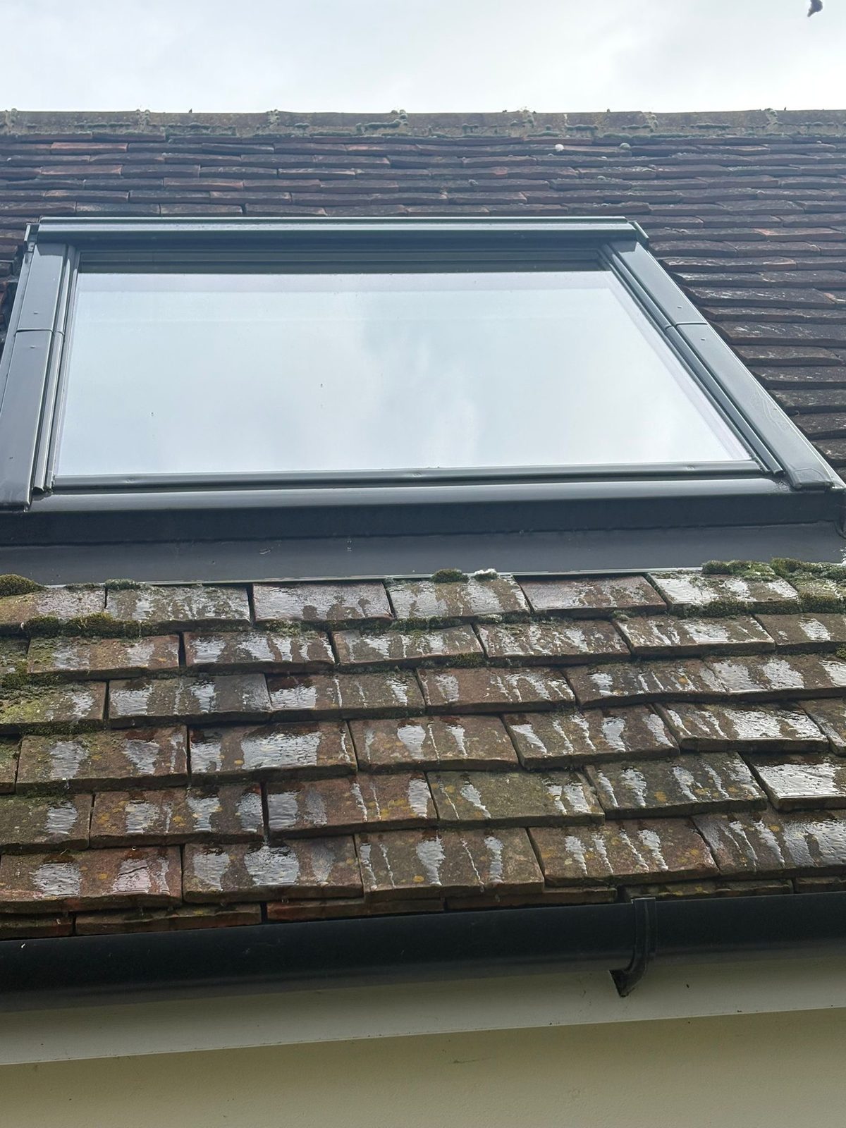 A roof window set in old tiles, with moss and lichen spots on the tiles below