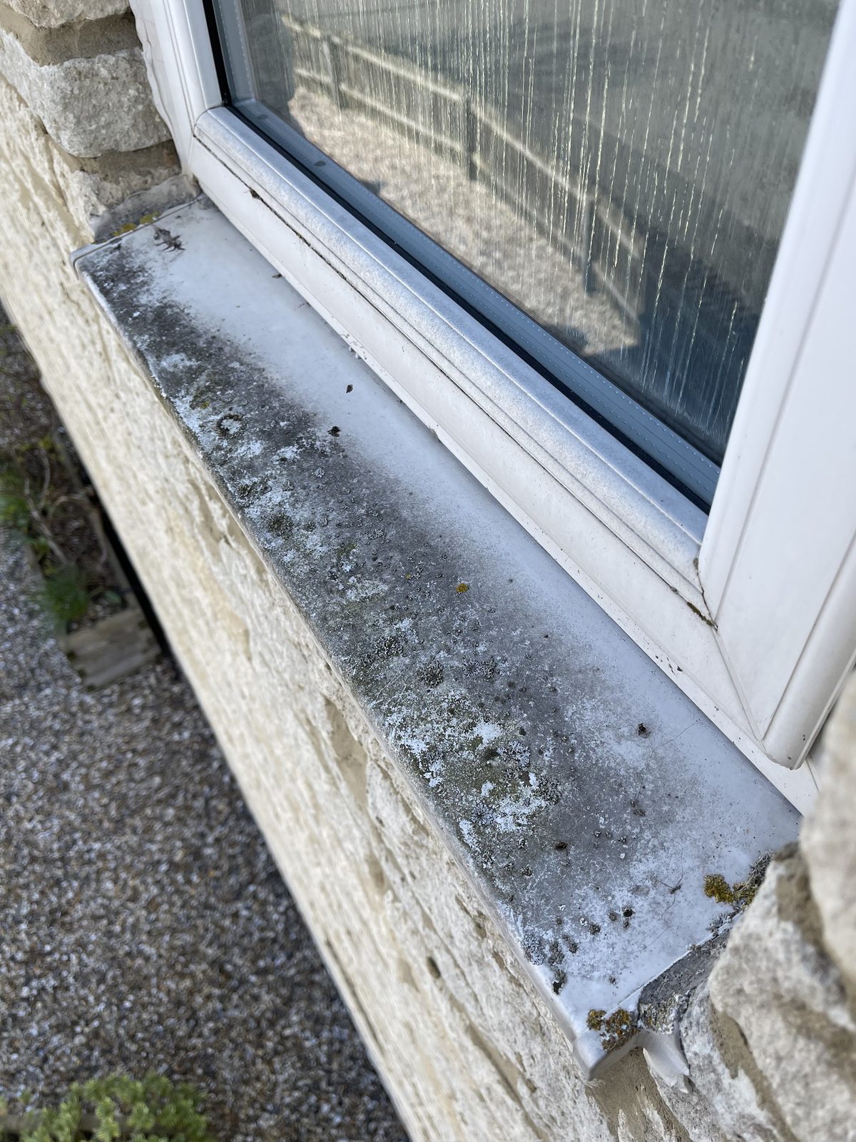 Close-up of a dirty window sill with moss and grime along it